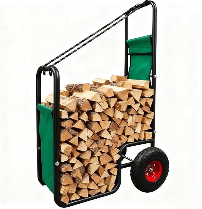 Kapler Firewood Cart with Wheels - Heavy Duty Steel Dolly Hauler & Wear-Resistant PVC Coated Oxford Fabric - 250 LB Capacity for Indoor Outdoor Fireplace Fire Pit Use