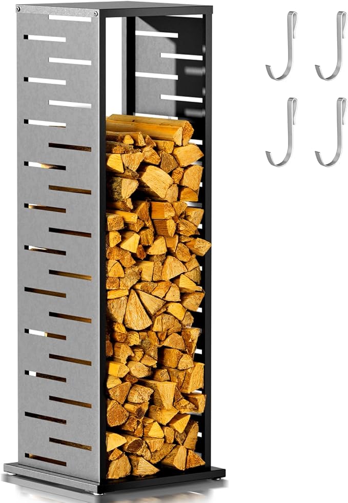 4ft Firewood Rack Outdoor, Fire Wood Rack Log Holder with Louver Pattern Hooks Adjustable Feet, Firewood Storage for Indoor Fireplace Patio Balcony Black
