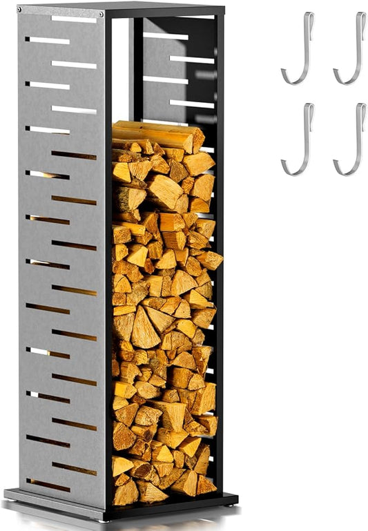 4ft Firewood Rack Outdoor, Fire Wood Rack Log Holder with Louver Pattern Hooks Adjustable Feet, Firewood Storage for Indoor Fireplace Patio Balcony Black