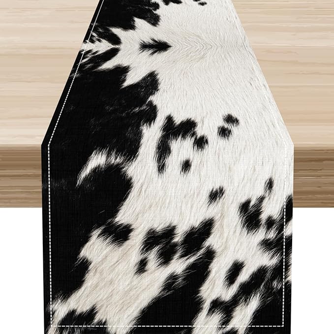 Cow Print Table Runner, Black Cowhide Print Western Style Table Runner Country Farmhouse Cottage Cow Pattern Linen Table Decoration for Home Kitchen Dining 13x108