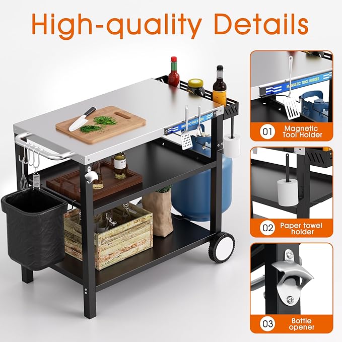 34" L x 20" W Stainless Steel Outdoor Grill Table, Grill Cart for Outside, Pizza Oven Table Stand with Magnetic Tool Holder, Wheels,Hooks, Side Tray &Handle
