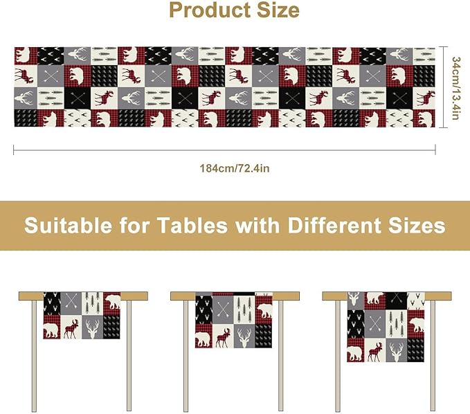 Farmhouse Bear Deer Table Runner, Retro Rustic Village Buffalo Plaid Table Runner for Coffee Table Dining Room Table Bedroom Party Holiday 13x90in