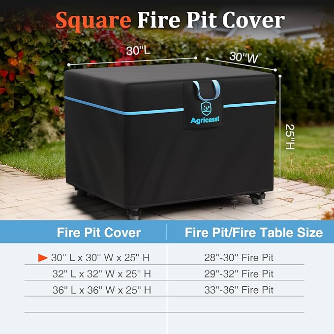 Square Fire Pit Cover for 28-30 Inch Fire Pit, 600D Heavy Duty Fire Table Cover Waterproof Patio Firepit Cover with Air Vent, Handle, 4 Windproof Buckles, Drawstring - 30''L x 30''W x 25''H