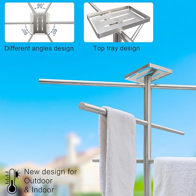 Marble Base Hot Tub Towel Rack for Spa, 304 Stainless Steel 6 Arms Standing Towel Holder with Tray for Swimming Pool Indoor or Outdoor Towel Sheet Drying Rack Brushed Nickel
