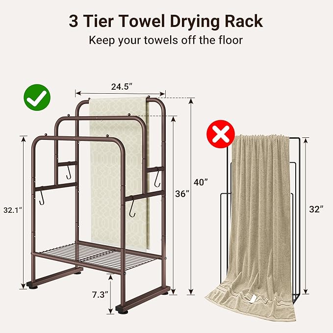 ELYKEN 40'' Tall Standing Towel Racks, 3 Tier Towel Drying Rack Outdoor, Pool Towel Stand Blanket Holder with Shelf & 4 Removable Hooks, Metal Freestanding Towel Racks for Bathroom, Smooth Silver