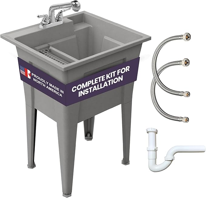 Freestanding Utility Sink with Two Handle Chrome Faucet - 24" Plastic Utility Sink for Garage, Laundry, Indoor and Oudoor Use - Laundry Tub Kit by Noah William Home - Grey (19.5 gal)