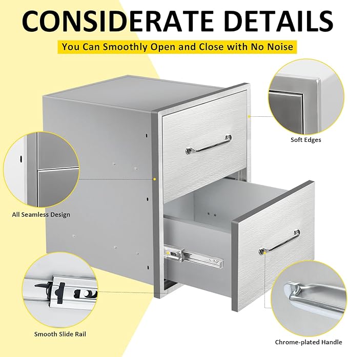 Outdoor Kitchen Drawers 18" W x 21" H x 18" D Flush Mount Double BBQ Drawers with Chrome Handle Stainless Steel Drawer for Outdoor Kitchen Island, Patio Grill Station