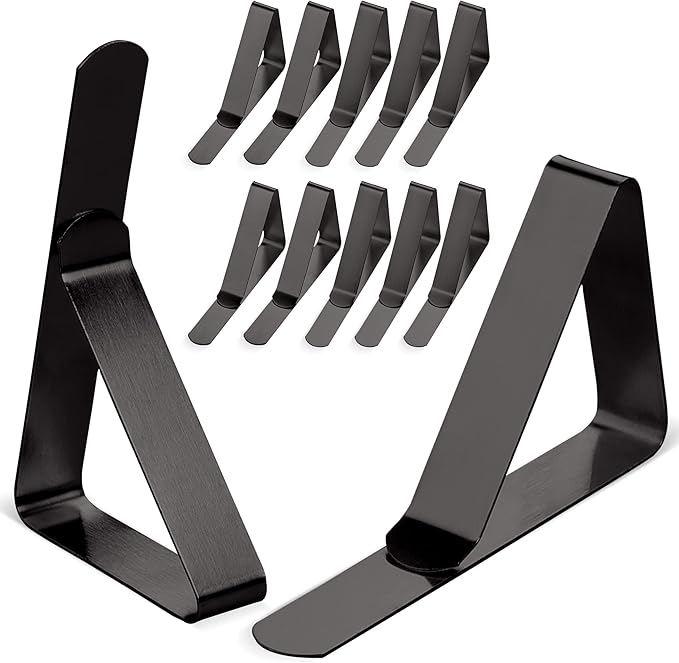 Tablecloth Clips Black - 12 Pack Stainless Steel, Rust Proof & Non-Slippery Table Cloth Holding Clip - Perfect for Restaurants, Picnic, Party, Outdoor Dining - Fits Up to 1.8 Inch Thick Table