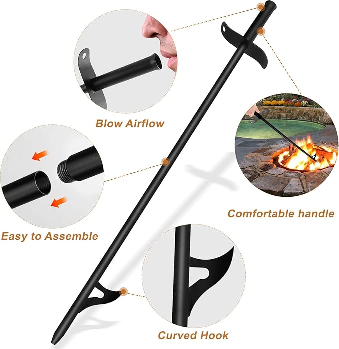 Cyrico Fire Poker and Fire Tongs Set, Heavy Duty 31 Inch Fireplace Poker with Blow Portable 23 Inch Log Grabber Firewood Tongs Fire Pit Tools Accessories for Camping Wood Stove Campfire Outdoor Indoor