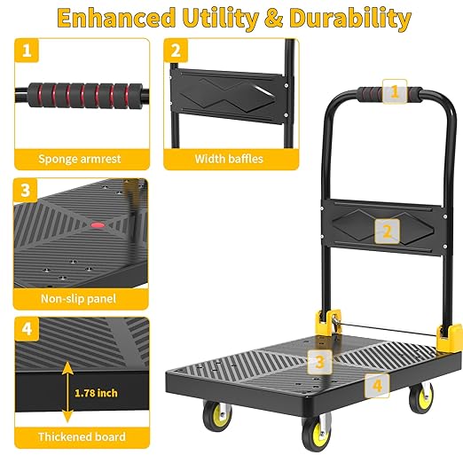 Push Cart Dolly - Foldable Heavy - Duty Flatbed Platform Cart with 360 - Degree Rotating Wheels for Moving in Food Truck and Trailer, Load Capacity 330 lbs, Black Yellow