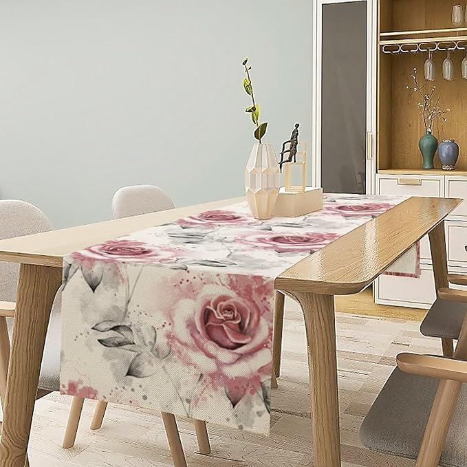 Pink Rose Floral Table Runner,Abstract Watercolor Flower Pattern Modern Romantic Kitchen Dining Table Decoration for Wedding Holiday Home Party 13x120in