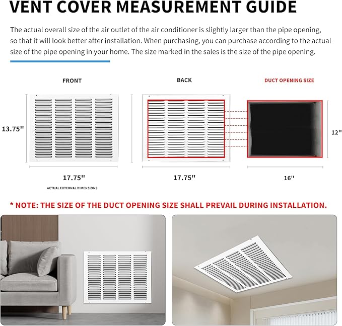 16x12 Return Air Grille(Duct Opening Size),Air Return Vent Cover,Flat Vent Cover,Rejillas De Aire Acondicionado Para Casa,Return Air Grilles,Outer Dimensions:17.75"Wx13.75"H(16"W x 12"H, Duct Opening)