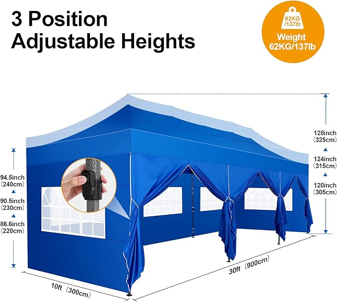 COBIZI 10x30 Pop up Canopy Tent 10x30 Canopy with Sidewall Waterproof Heavy Duty Commercial for Parties Outdoor Garden Gazebo Tent, Carry Bag with Wheel(10x30ft with Sidewalls,Blue)