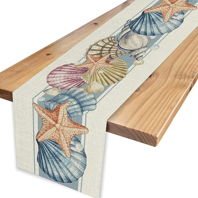 Summer Starfish Table Runner, Blue Sea Coastal Seashell Beach Nautical Starfish Ocean Table Runner Seasonal Holiday Home Kitchen Dining Table for Home Party Decor 13"x90"