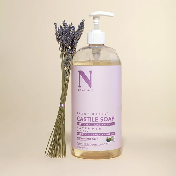 Dr. Natural Castile Liquid Soap - Multi-Use Body Wash, Shampoo and Face Wash - Hydrating Body Soap for Skin, Hair, Pets and Home - Lavender - 32 oz.