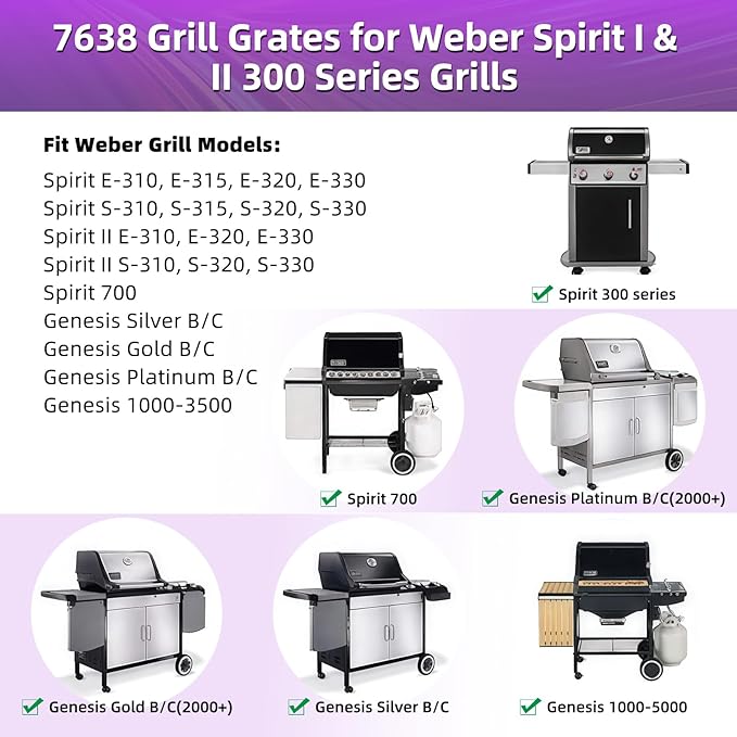 9MM 17.5" Stainless Steel Grill Grates for Weber Spirit E-310 E315 E320 E330 S310 S315 S330 GS4 Spirit 2 Grill Parts for Weber 7638, 7639 7525 Spirit 300 and Spirit II 300 Series Grills