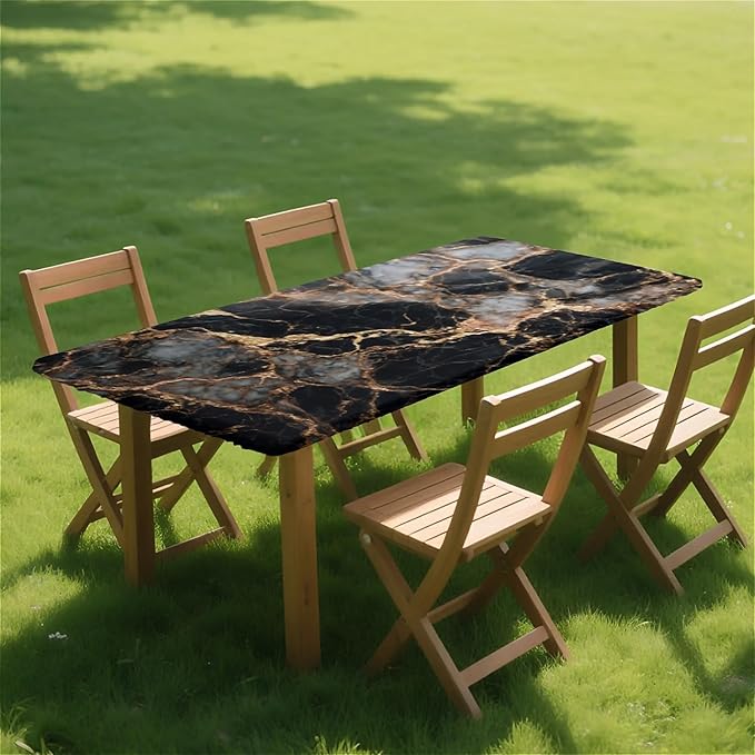 Rectangle Table Cloth Cover Waterproof Elastic Fitted Polyester Fitted Tablecloths for 6 Foot Tables for Indoor,Picnic, Camping, Outdoor （60" x 30"，Black Marble）