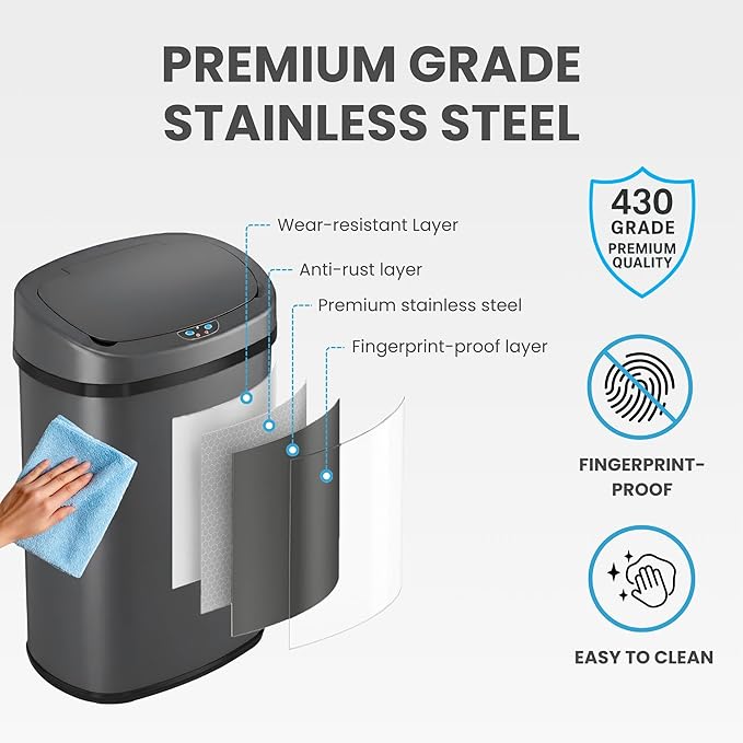 iTouchless 13 Gallon Automatic Sensor Trash Can with Lid, AbsorbX Odor Control System, Gunmetal Gray Stainless Steel Kitchen Garbage Bin, Fingerprint-Proof, Hands-Free Operation, Oval