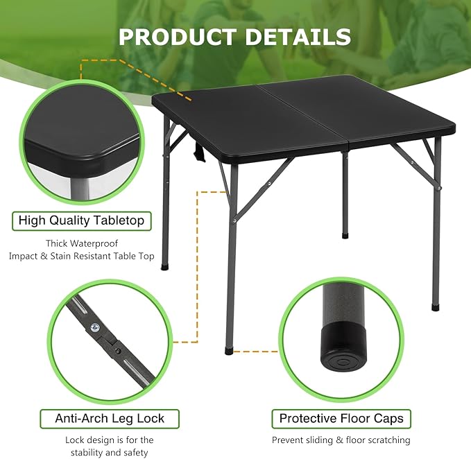 BestOffice Outdoor 34" Folding Card Table Plastic Table Portable Square Height Dining Table Perfect for Picnics,Parties,Party and Camping, Black