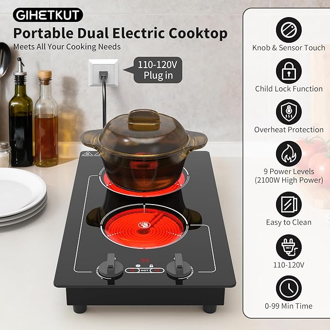 Electric Cooktop,110V 2100W Stove top,9 Power Levels, Kids Lock & Timer, Hot Surface Indicator, Overheat Protection,knob and touch control 2 burner Electric cooktop