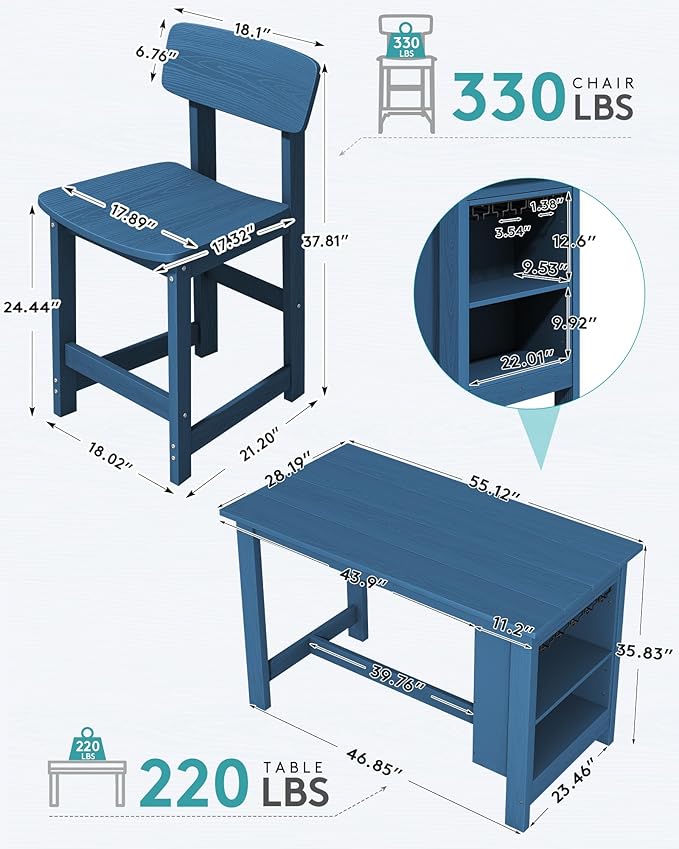 SERWALL Outdoor Bar Table and Chairs Set, 5-Piece HDPE Counter Height Patio Dining Sets with Storage and Wine Rack, Rectangular High Top Bar Table with 4 Bar Stools for Garden, Backyard, Blue