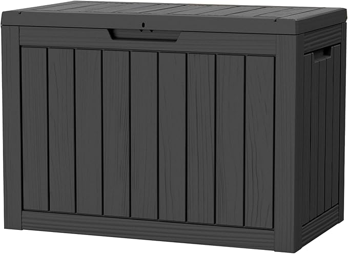 45 Gallon Resin Deck Box, Waterproof Outdoor Storage Box for Patio, Poolside, and Garden, Lockable UV-Resistant Storage Bin Bench Cabinet for Small Spaces, Black