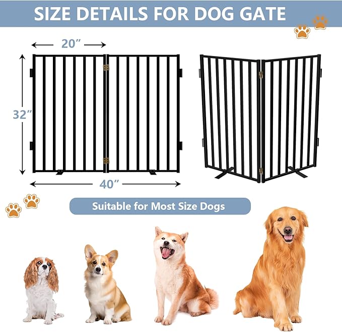 Full Metal Freestanding Dog Gates, 32" Height Pet Gates for Indoor & Outdoor, Extra Wide Foldable Dog Fences for Stairs, Hallways, Doorways, Yard (2 Panels, 40" W × 32" H)