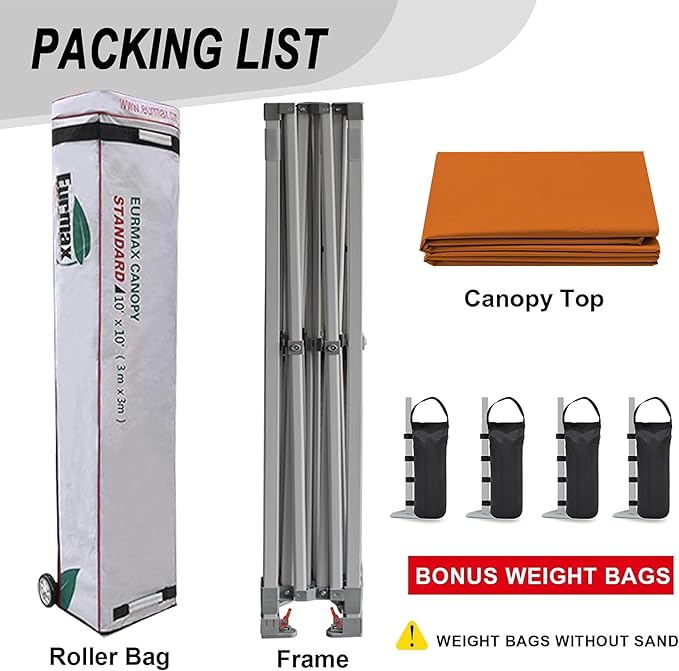Eurmax USA Standard 10x10ft Patio Pop Up Canopy Tent for Outdoor Events Commercial Instant Canopies with Heavy Duty Roller Bag(Pumpkin Orange)