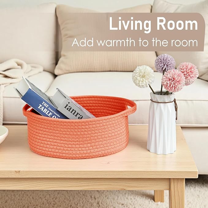 Woven Basket,Small Rope Storage Bin with Handles & Ribbon Bag, Organizer for Shelves Closets,Gift Basket Empty for Birthday,Books,Dog Toys, Orange/2 Pack