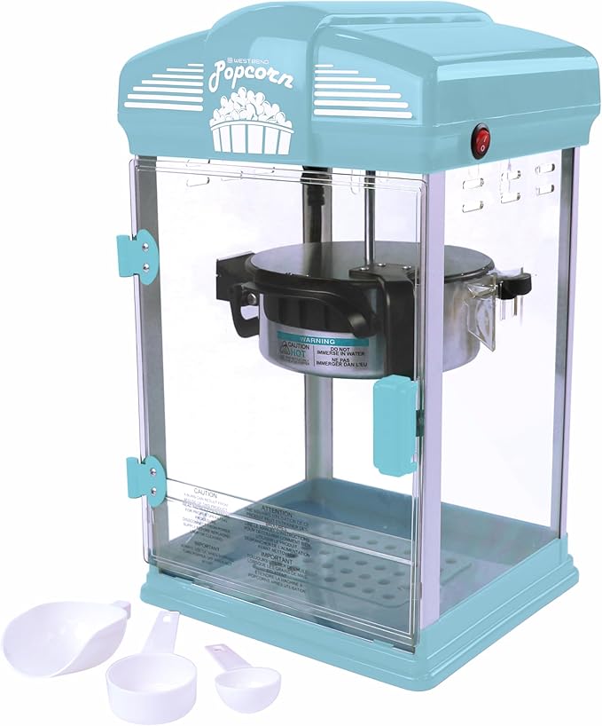 West Bend Stir Crazy Movie Theater Popcorn Popper, Gourmet Popcorn Maker Machine with Nonstick Popcorn Kettle, Measuring Tool and Popcorn Scoop for Popcorn Machine, 4 Qt., Blue