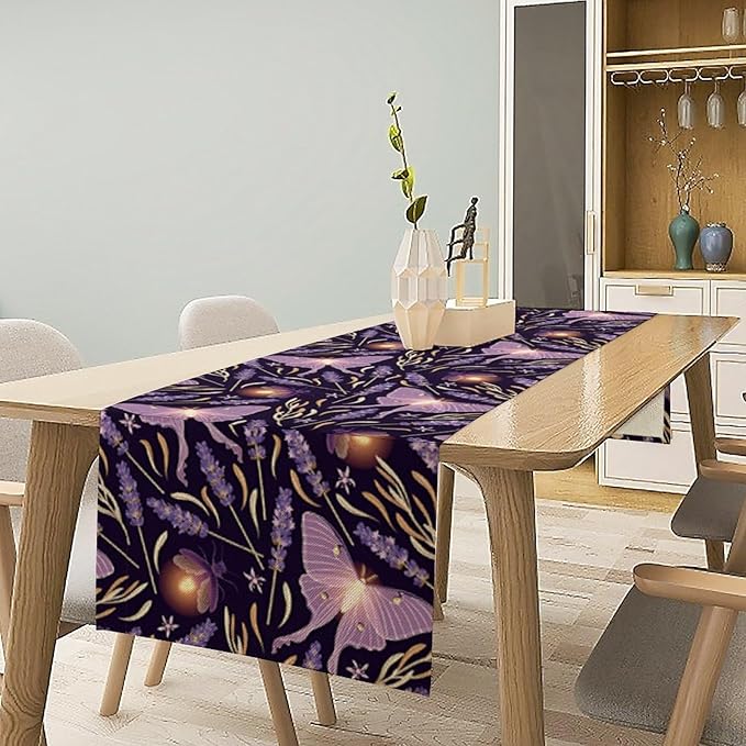 Purple Moth Table Runner,Retro Butterfly Flower Print Table Runner for Wedding Holiday Indoor Outdoor Party Home Decor 13x120in