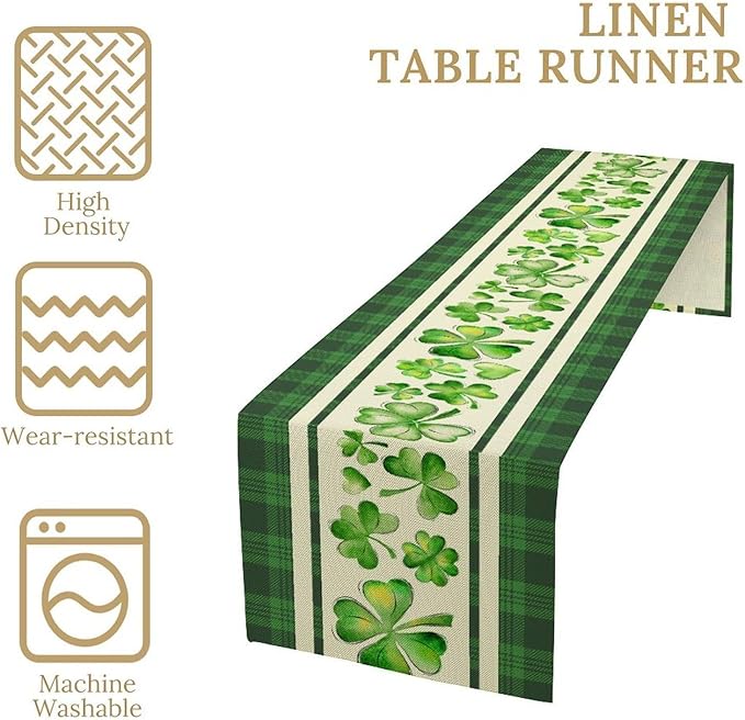 St.Patrick's Day Table Runner,Vinatge Rustic Green Buffalo Plaid White Shamrock Watercolor Table Center Decor for Home Kitchen Dining Patio Holiday Party Indoor Table Decorations, 13"x36"