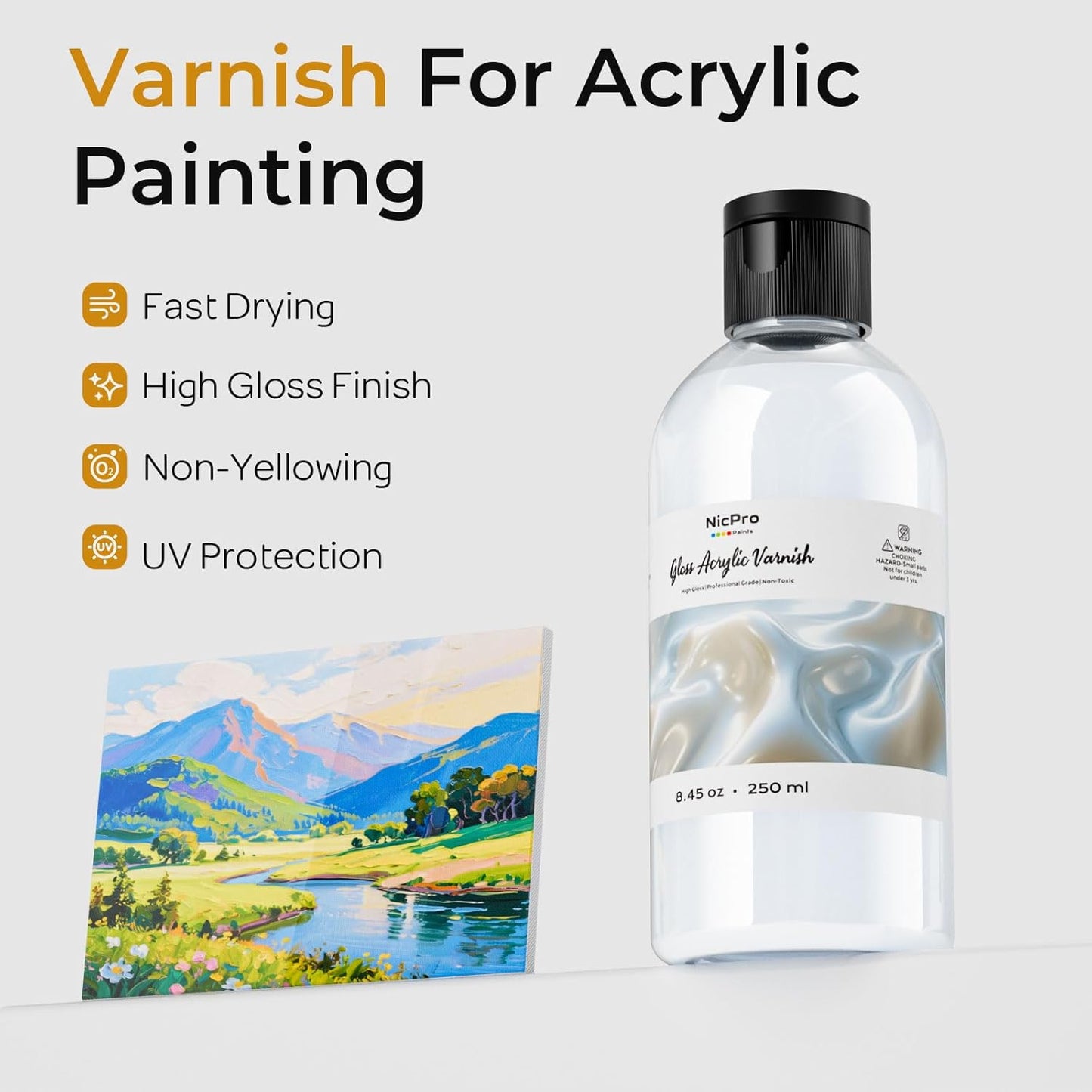Nicpro Gloss Varnish for Acrylic Painting 8.45oz, Non-Yellowing, Non-Toxic, Anti-Crazing, Clear Acrylic Varnish for Pro Artist, Hobby Painter on Canvas Artwork, Acrylics Paint, Wood, High Gloss Finish