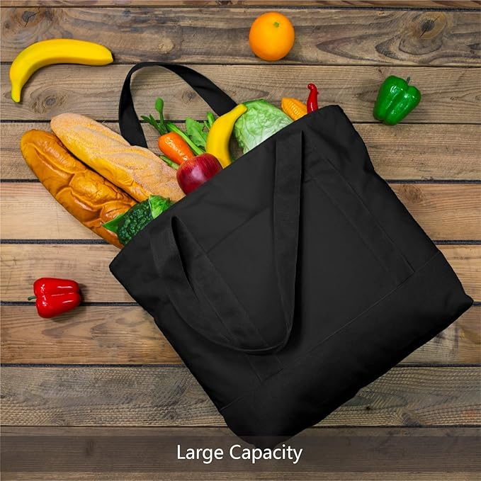 TOPDesign 6-Pack Canvas Tote Bags with an External Pocket, Reusable Grocery Shopping Bags, Top Zipper Closure, Daily Essentials (Black)