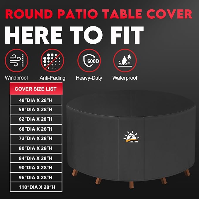 Zettum Round Patio Table Cover 68 Inch - 600D Outdoor Furniture Cover Round Waterproof & Heavy Duty, Lawn Furniture Set Covers for Outside Dining Table and Chairs Seating Combo - 68 x 68 x 28 Inch