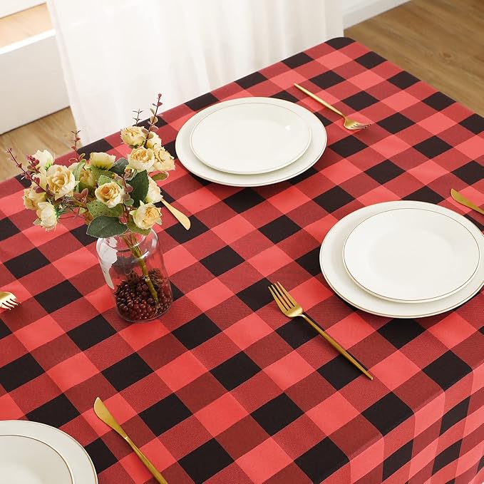 Softalker Gingham Checkered Tablecloth Rectangle - Outdoor Waterproof Buffalo Plaid Table Cloth, Stain Resistant Washable Table Cover for Picnic, Camping, Dining - Red and Black, 54 x 120 Inch