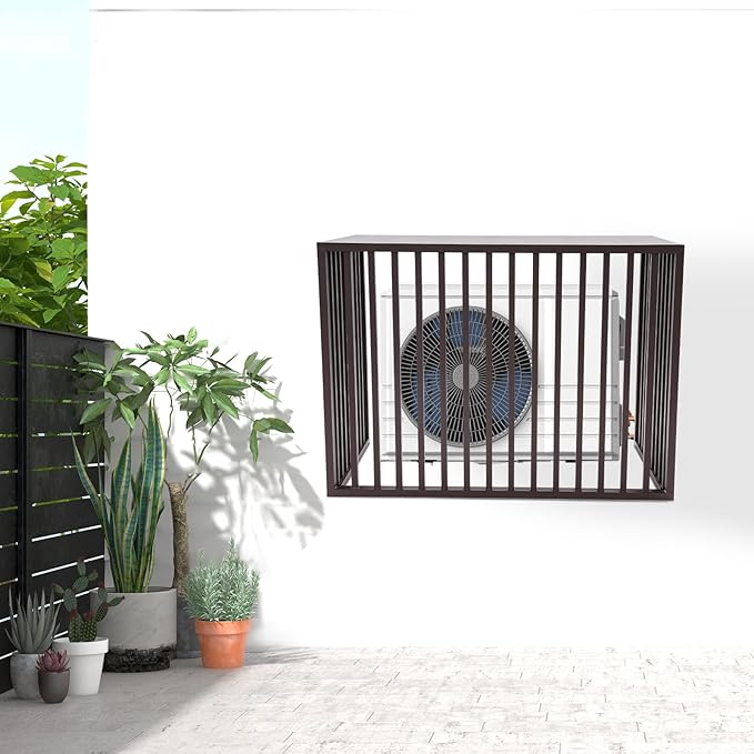 Air Conditioner Fence with Top Cover, 4 Panels 43.3 "L x 23.6 "W x 31.5 "H Privacy Fence Panels for Outside, Freestanding Metal Trash Can Hider Outdoor, No-Dig Air Conditioner Sun Blocker Kit (Brown)