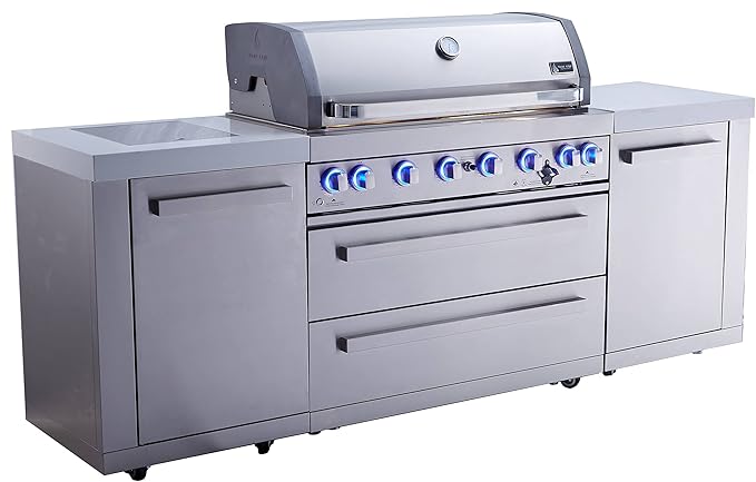 Mont Alpi MAi805 6-Burner 115000 BTU 44-inch Original Series Stainless Steel Outdoor Kitchen Modular Island Gas Grill + Infrared Side & Rear Burners + Granite Countertops + Storage Cabinets & Drawers