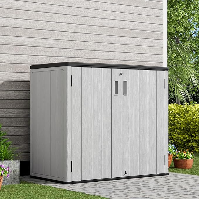 KINYING Outdoor Horizontal Storage Sheds,37 Cu.ft Outdoor Storage Cabinet Waterproof Resin Tool Storage Box for Lawn Mower,Garden Tools and Patio Furniture, Lockable (Grey)