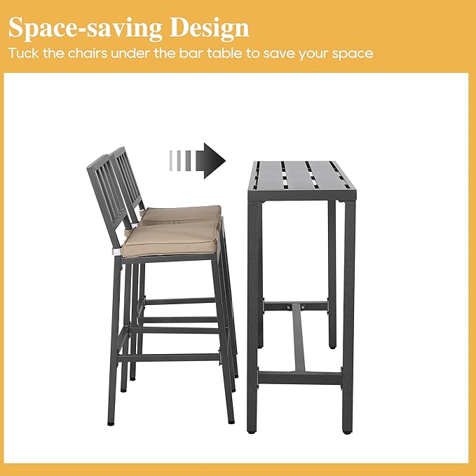 Outdoor Patio Bar Set, Bar Height Patio Dining Set, Weather-Resistant Bistro Counter Pub Set with Cushions & Slatted Tabletop for Backyard (Gray, 47" Table, 2 "I Style Stool)