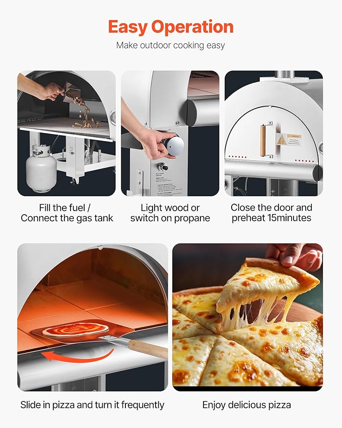 VEVOR Dual Fuel Pizza Oven Outdoor, 26 in Portable Pizza Oven, Pellet & Gas Powered Outdoor Pizza-Maker with Thickened Cordierite Pizza-Stone, Easy to Move with Casters, for Camping and Backyard