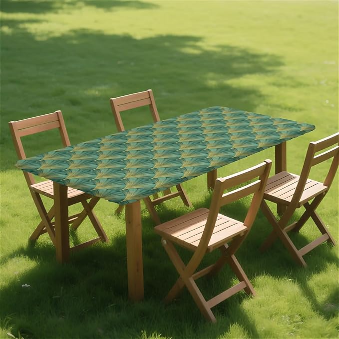 Rectangle Table Cloth Cover Waterproof Elastic Fitted Polyester Fitted Tablecloths for 4 Foot Tables for Indoor,Picnic, Camping, Outdoor （48" x 30"，Green Sector Geometry）