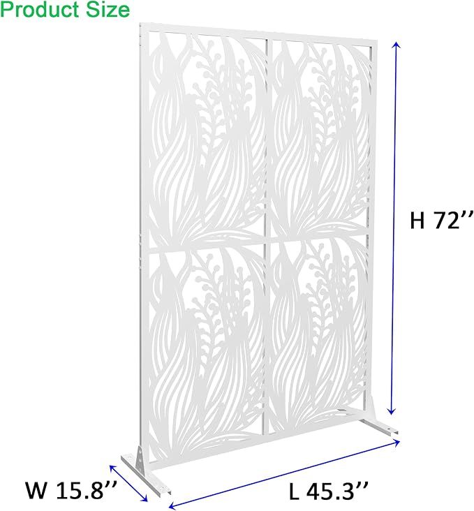 Metal Privacy Screen Room Divider 72" H x 45.3" W, Free Standing Decorative Panel with Bird Design for Indoor Outdoor Use, Black Iron Partition for Patio Balcony Garden (Leaf White)