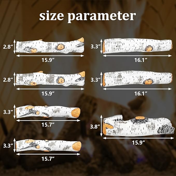 Gas Fireplace Logs, Birch Logs 7pcs Fake Fireplace Insert, Faux Ceramic White Birch Wood Firepit Firebowl Indoor or Outdoor Decor