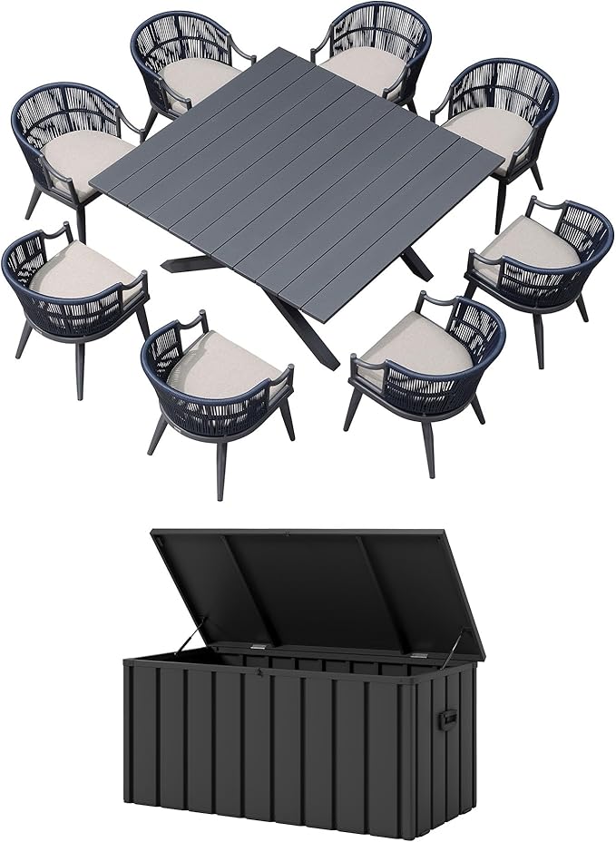 PURPLE LEAF Outdoor Dining Set for 8 with Storage Box Aluminum All Weather Wicker Patio Dining Set with Square Aluminum Table and Modern Armrest Dining Chairs for Garden Deck Backyard Kitchen, Grey