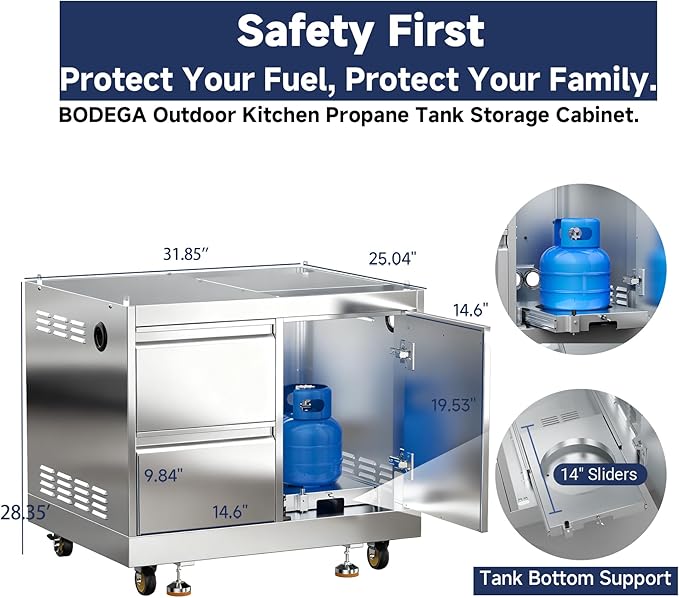 BODEGA Stainless Steel Outdoor Kitchen Propane Gas Grill and Outdoor Kitchen Cabinets for BBQ with 2 Drawers and Propane Tank Storage,Thermometer & Rotisserie Chicken Fork Kit, Seaside BBQ, Camping.