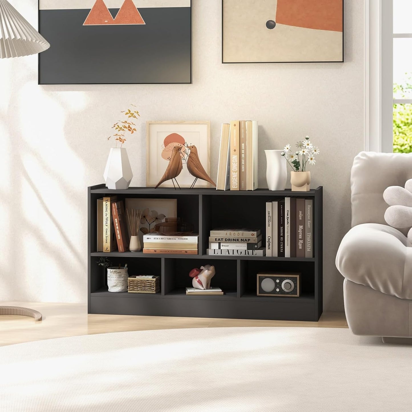 LOKO 2 Tier 5 Cube Bookcase, Open Shelf Storage Cabinet, Wooden Display Cabinet Shelf, Multipurpose Bookshelf for Living Room, Bedroom, Hallway, Home Office, Classroom (Grey)