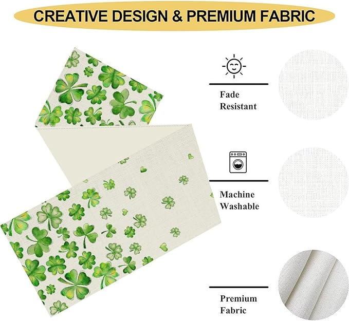 St.Patrick's Day Table Runner,Rustic Green Clover Seasonal Leaves White Green Table Center Decor for Family Kitchen and Living Room Outdoor Farmhouse Party Table Decorations, 13"x36"