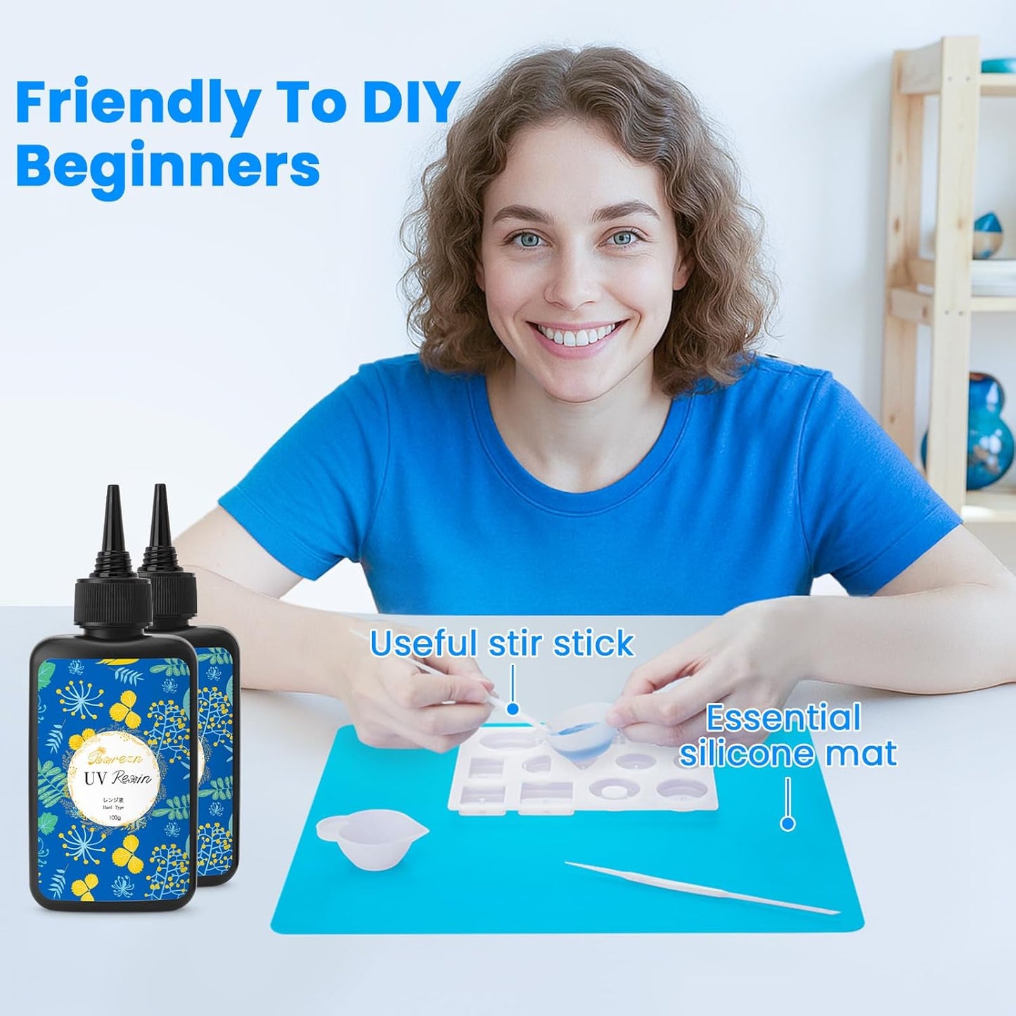 Bsrezn 200g UV Resin Kit with Large Light 32 Beads, Crystal Clear Solar Activated UV Epoxy Resin for Jewelry Making (100g x 2)