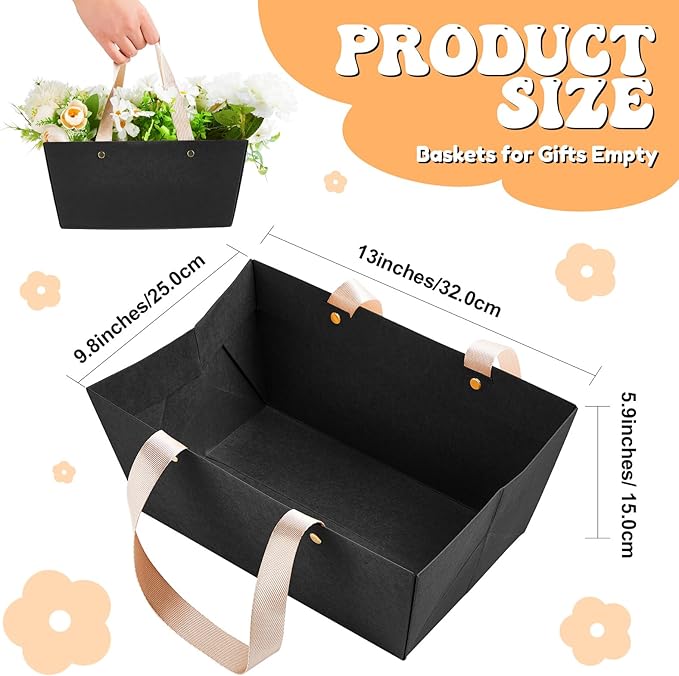 Tuanse 30 Pcs Basket for Gift Empty DIY Bulk Gift Basket Kit with Handle Kraft Cardboard Tray with 30 Bag 30 Bow Market Tray for Wedding Party(Black,12.6 x 9.8 x 5.9 in)